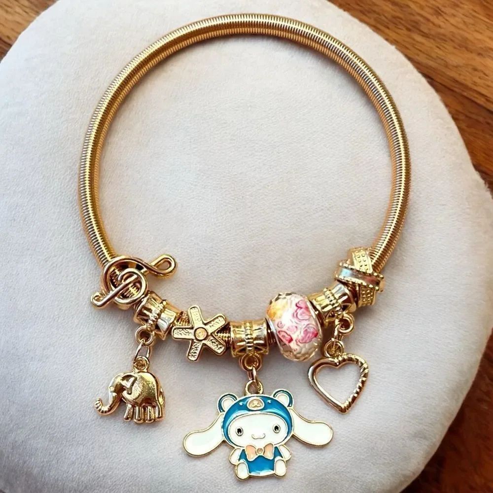 Blue Cinnamoroll Heart Elephant Stretch Gold Tone Charm Bracelet